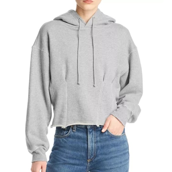 Current/Elliott The Pintuck Hoodie Gray Cropped Sweatshirt Sz 0 - Picture 1 of 9